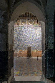 France, Vaucluse, Avignon, Palais des Papes (Palace of the Popes) listed as World heritage by UNESCO, the Tower of Angels or Pope's Tower, Pope's Room, a two-dimensional plant space made of vine and oak scrolls, dotted with birds and squirrels, adorns the walls on a sky blue background