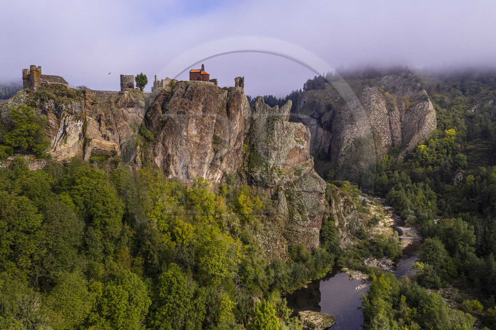 France, Haute-Loire (43), vallée de la Loire, Arlempdes, labellisé les Plus beaux villages de France, ruines du chateau perché sur un rocher basaltique (dyke volcanique) qui surplombe un méandre de la Loire (vue aérienne)