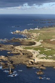 France, Finistere, the regional natural park of Armorica, Iroise sea, Ouessant island, Biosphere reserve (UNESCO), Creach Lighthouse and the West coast (aerial view)