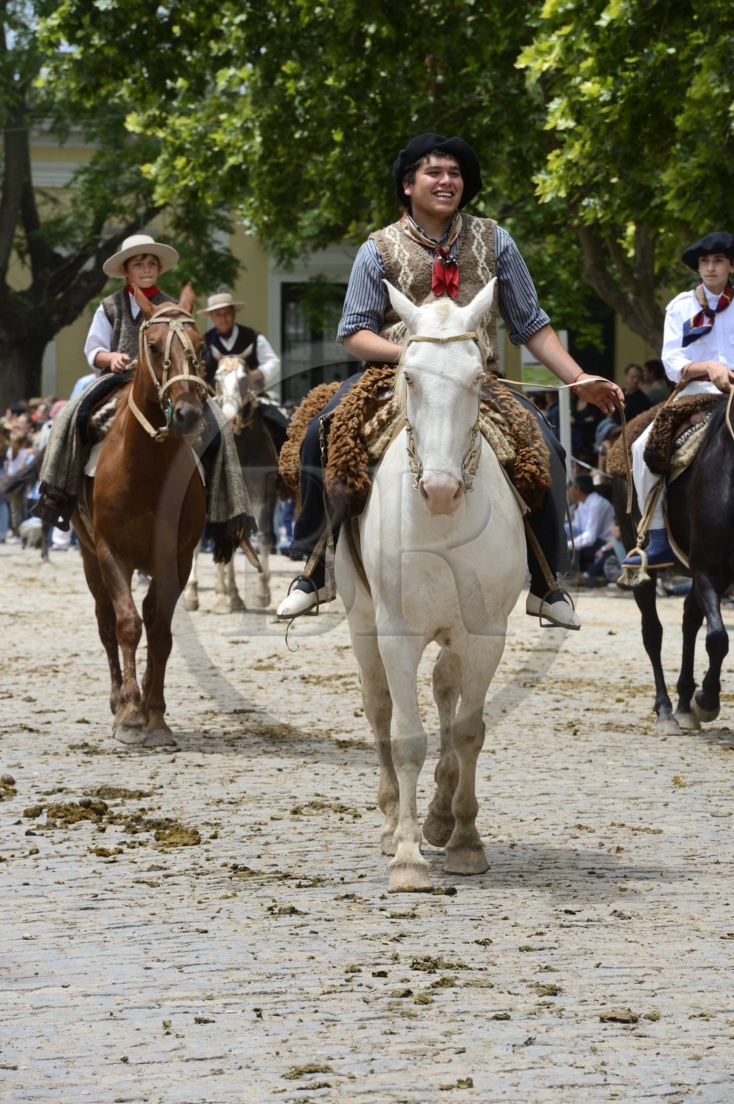 Argentina, Buenos Aires Province, San Antonio de Areco, Tradition Day festival (Dia de Tradicion), gauchos on horseback in traditional dress during the parade