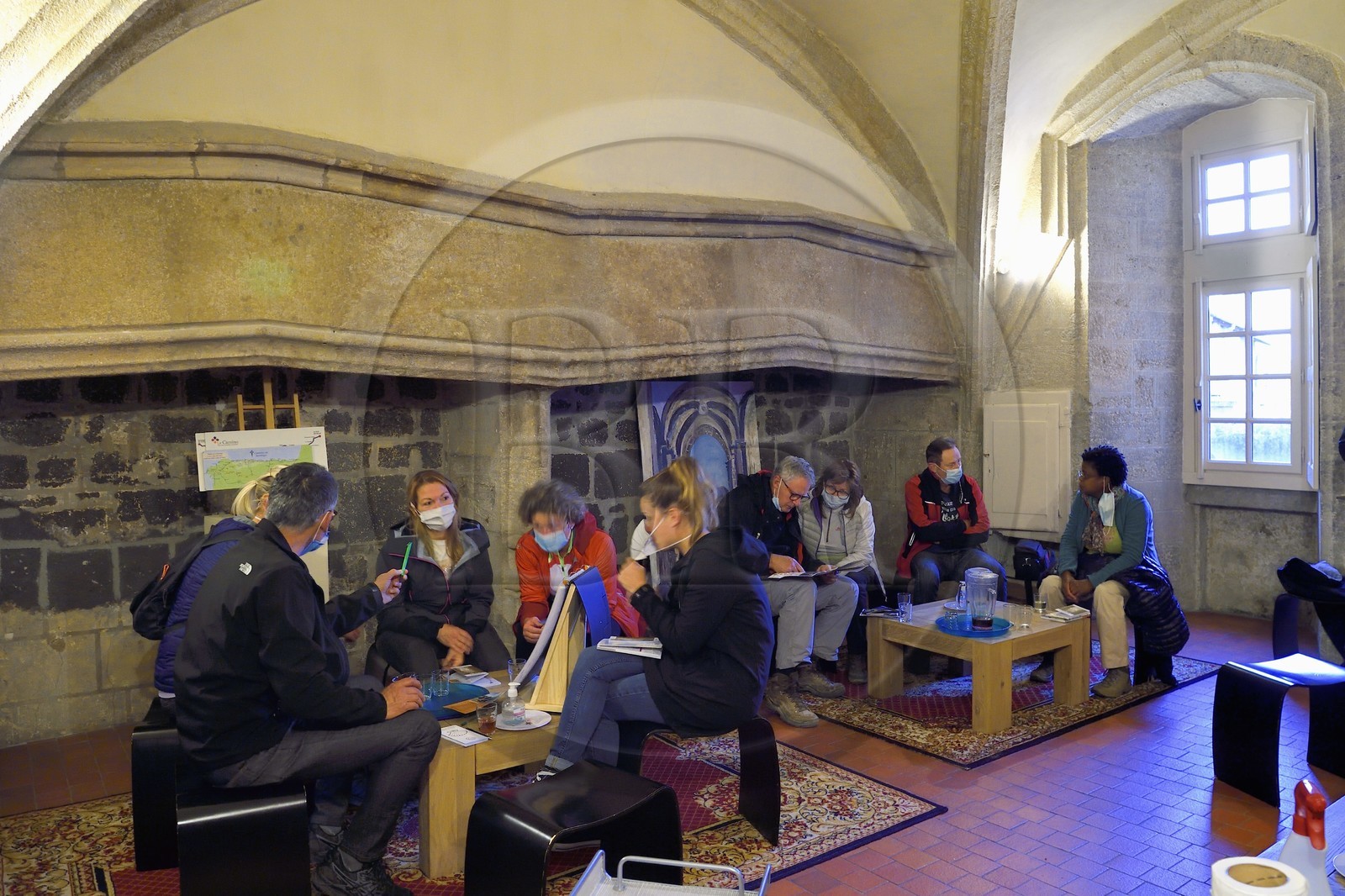France, Haute Loire, Le Puy en Velay, Routes of Santiago de Compostela in France listed as World heritage by UNESCO, volunteers helping pilgrims prepare for their walk