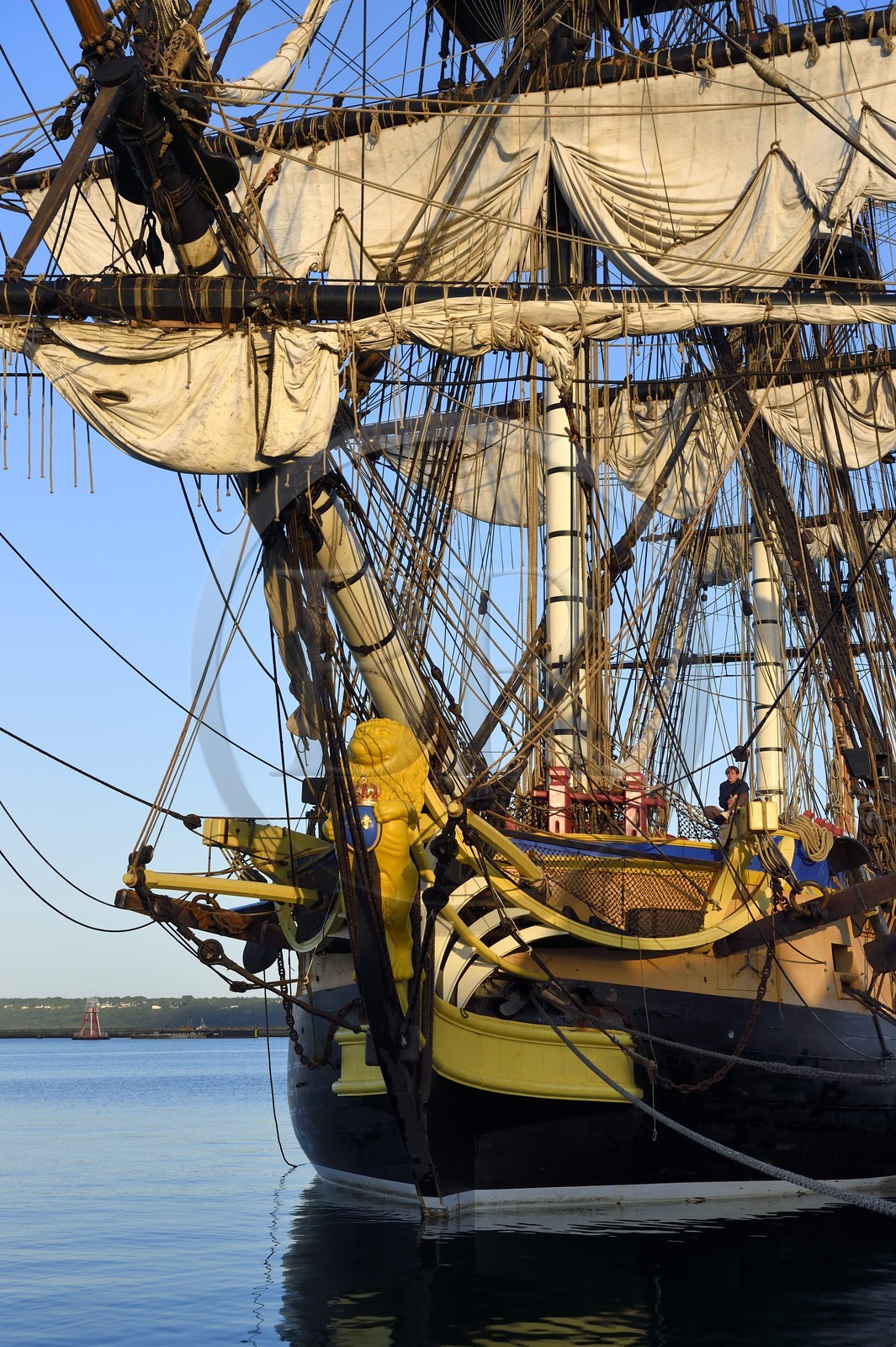 France, Finistere, Brest port, L'Hermione frigate, replica of the three masts which brought the marquis de Lafayette to America in 1780, figurehead at the bow