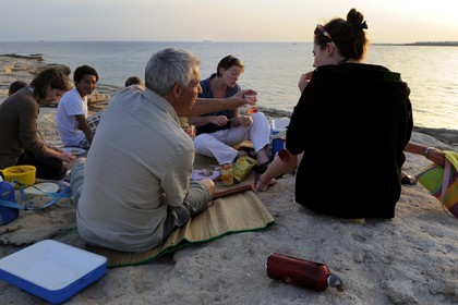 France, Bouches-du-Rhône (13), Côte Bleue, Sausset-les-Pins, pique-nique en famille en bordure de mer à l'Anse du Verdon