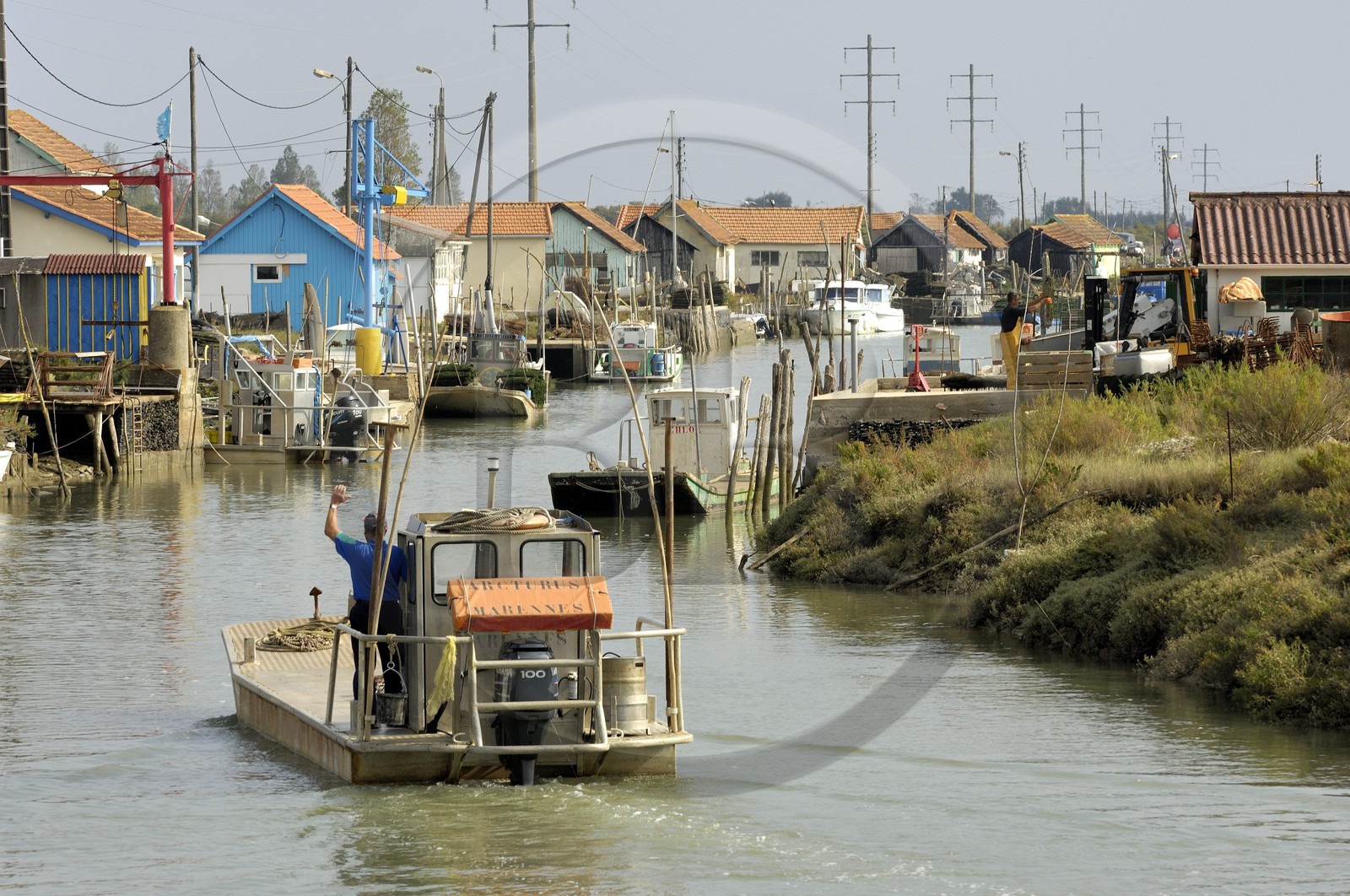 France, Charente-Maritime (17), Ile d'Oléron, le chenal d'Ors, chaland à huîtres dans le port ostréicole