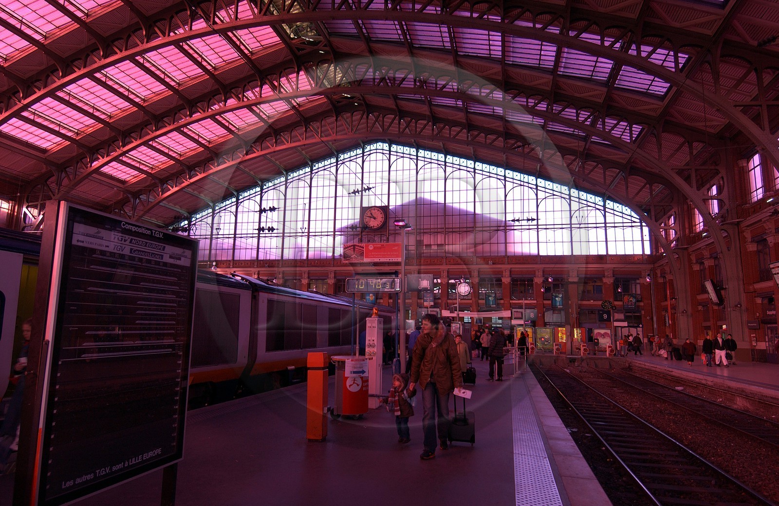 France, Nord (59), Lille, la gare de Flandre éclairée de rose par l'artiste Patrick Jouin