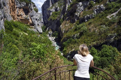 France, Alpes-de-Haute-Provence (04), Parc Naturel Régional du Verdon, Rougon, Grand Canyon du Verdon, la rivière du Verdon à la sortie du couloir Samson, vu du belvédère du Trescaire sur le sentier Blanc-Martel sur le GR4