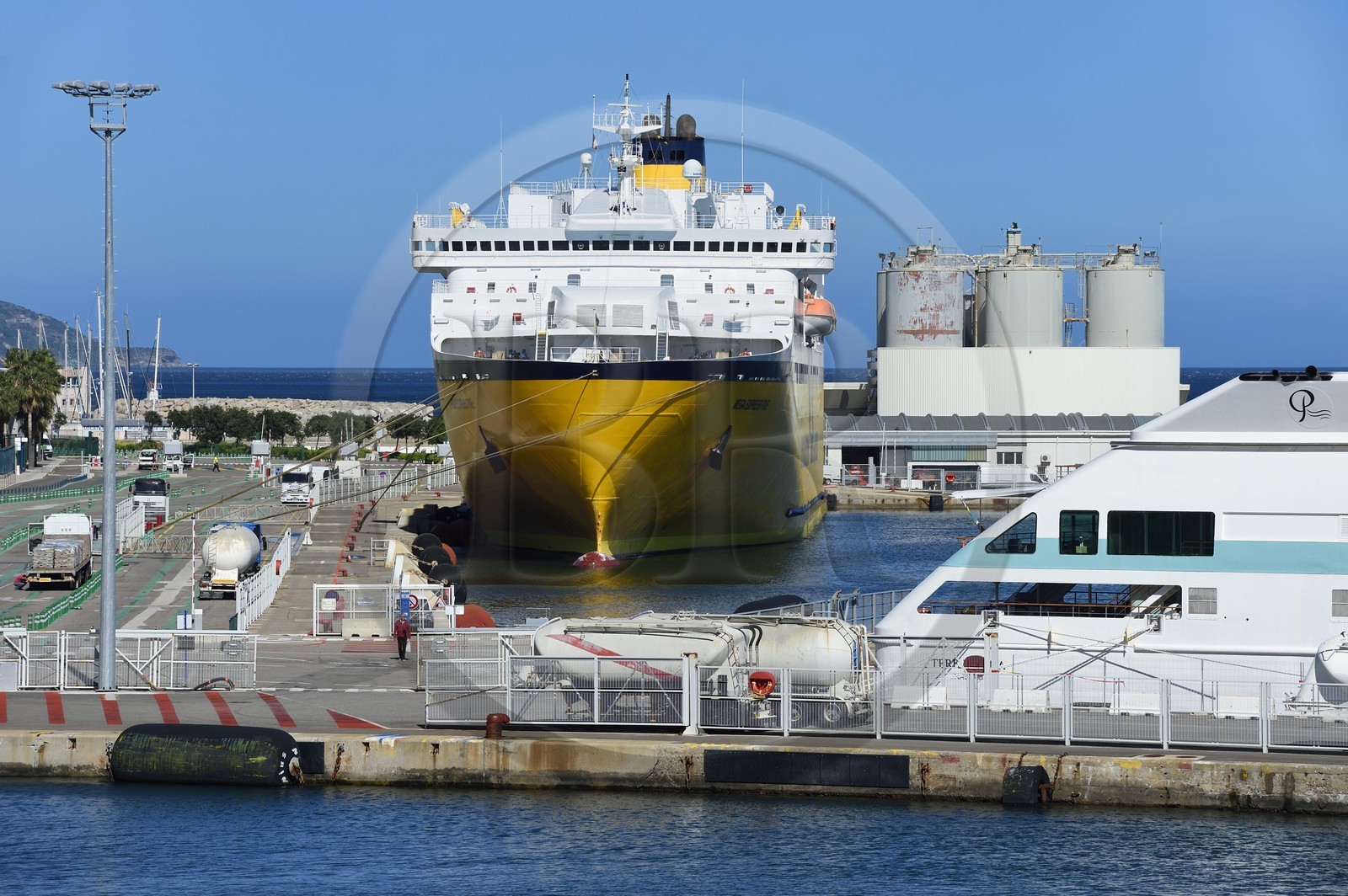 France, Haute Corse, Bastia, ferry at dock in the passenger and commercial harbor