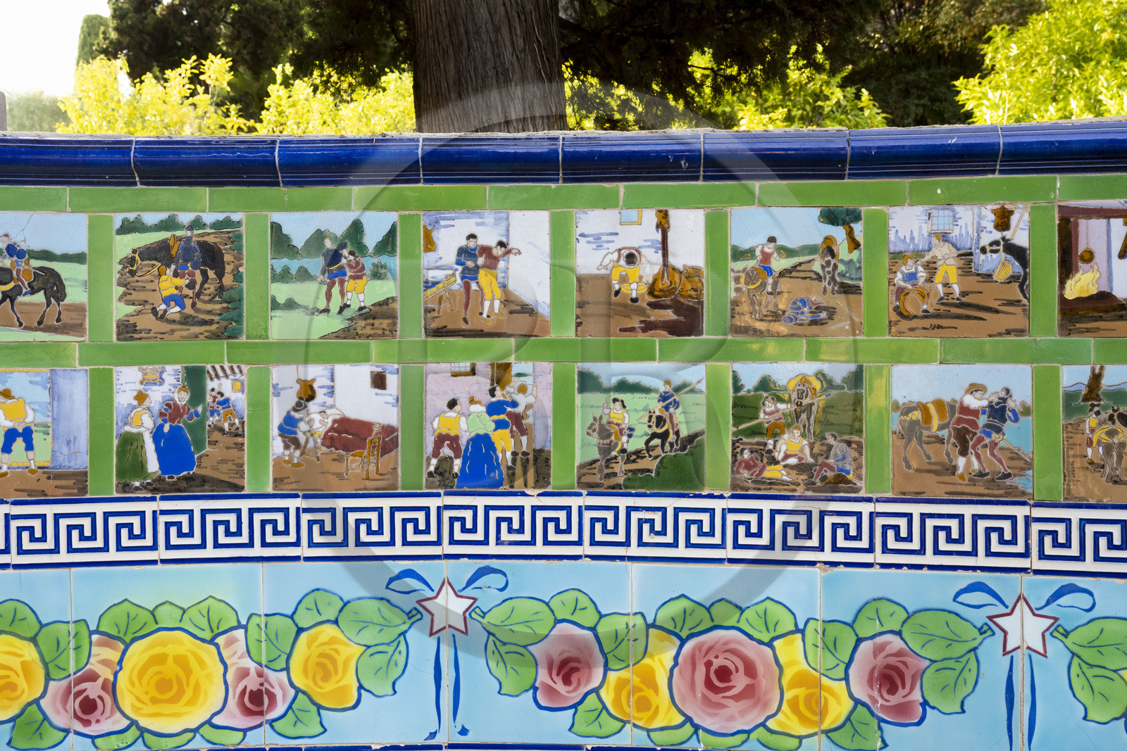 France, Alpes-Maritimes, Menton, Fontana Rosa Garden, Cervantes rotunda, ceramic tiles decorated benches depicting Don Quixote's adventures