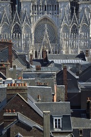 France, Seine Maritime, Rouen, south facade of the Notre-Dame de Rouen cathedral behind the roofs of the old town