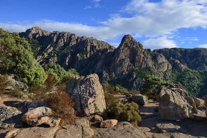 France, Corse du Sud, Golfe de Porto, listed as World Heritage by UNESCO,  the Creeks of Piana (Calanches de Piana) with pink granite rocks