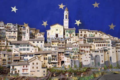 France, Alpes-Maritimes, Lucéram, in St Peter chapel, the village reconstituted as a Provençal crib of ten meters long and populated by more than 200 figurines