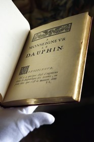 France, Aisne, Château-Thierry, Jean de La Fontaine Museum - city of Chateau-Thierry, first edition of the La Fontaine's Fables book dedicated to the Dauphin, Edition Claude Barbin and Denys Thierry, 1668, in-4, illustrated by François Chauveau