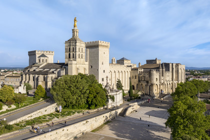 France, Vaucluse, Avignon, the Doms Cathedral and the Palais des Papes (Palace of the Popes) listed as World heritage by UNESCO, and the Palace Square (aerial view)