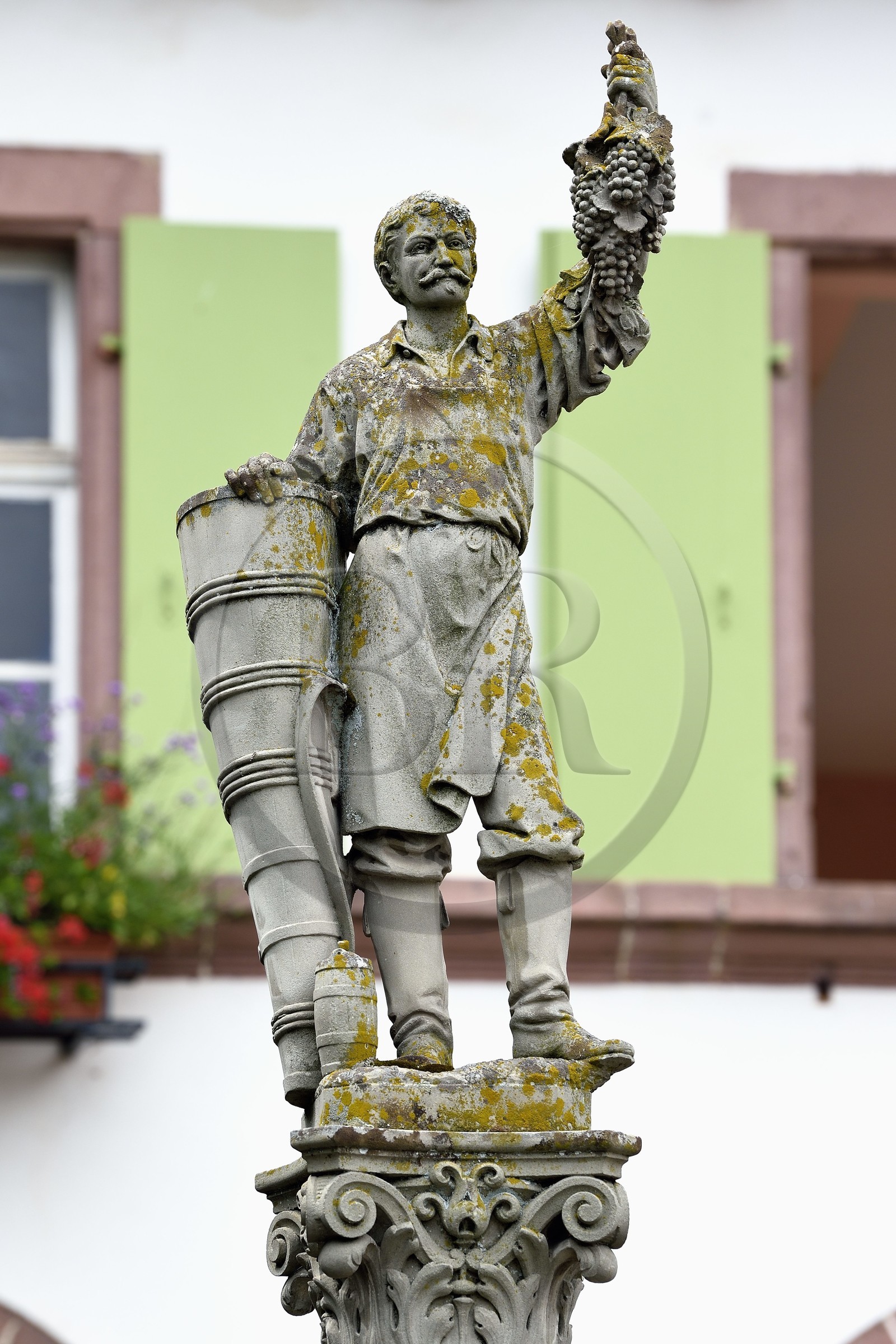 France, Haut Rhin, the Alsace Wine Route, Ribeauville, statue on a fountain of a wine grower leaning on his basket and presenting in his left hand a beautiful bunch of grapes