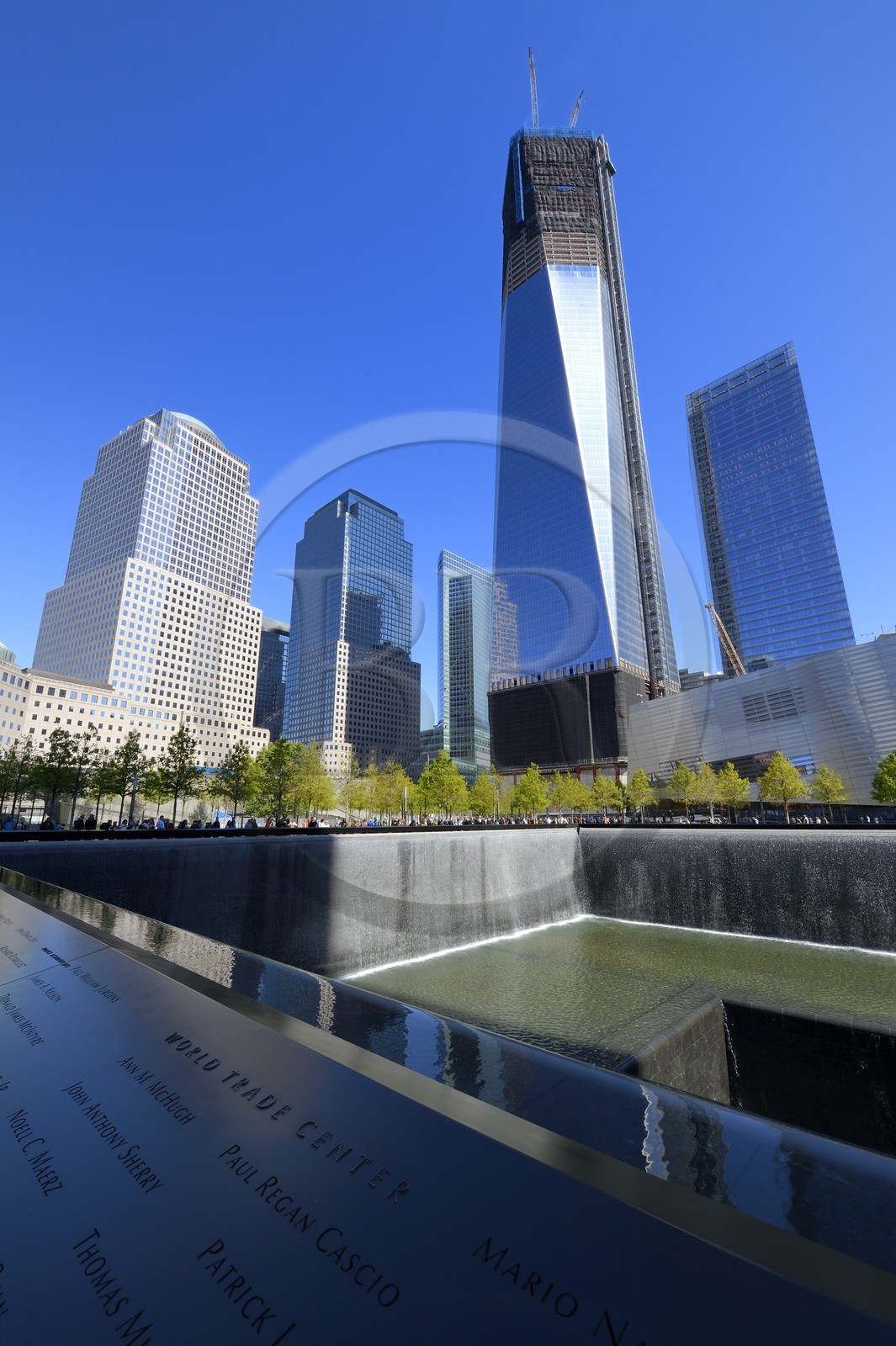 United States, New York,  Manhattan, 9 11 Memorial designed by Israeli architect Michael Arad involving a forest of trees around two bodies of water with two large Square holes in their center at the exact spot where the formers towers stood and the engraved names of victims, the One World Trade Center (1WTC) that became the tallest building in NYC since April 30, 2012 in the background