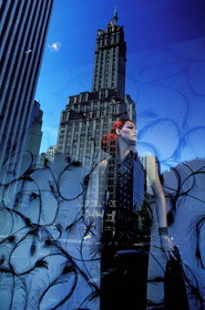 Etats-Unis, New York, Upper Midtown, reflet d'un gratte-ciel dans la vitrine de ìBergdorf Goodman sur la 5ème avenue
