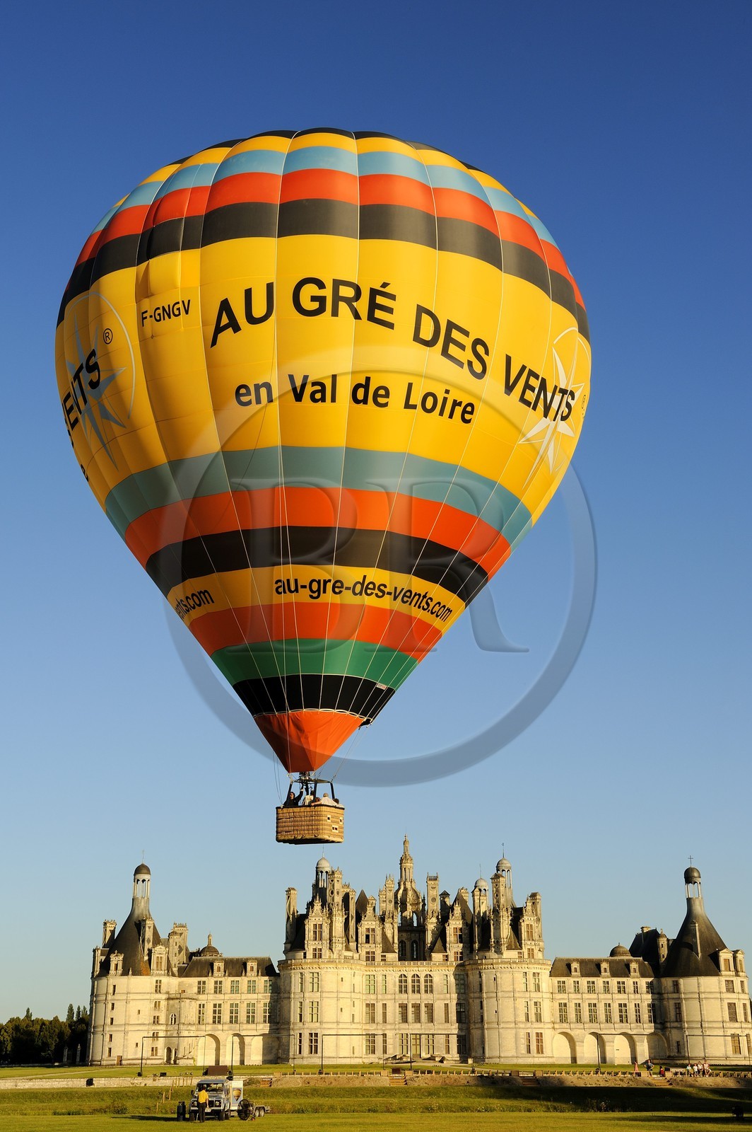 France, Loir et Cher, Loire Valley listed as World Heritage by UNESCO, Chateau de Chambord, air balloon taking off