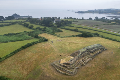 France, Finistère, Morlaix bay, Kernehelen peninsula, 6000 years old Cairn of Barnenez (aerial view)