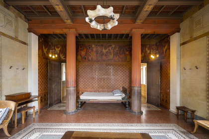 France, Alpes-Maritimes, Beaulieu-sur-Mer, neo-Greek style villa Kerylos build in 1908 by architect Emmanuel Pontremoli, bedroom of Théodore Reinach whose bed is a copy of a bed found in Pompei