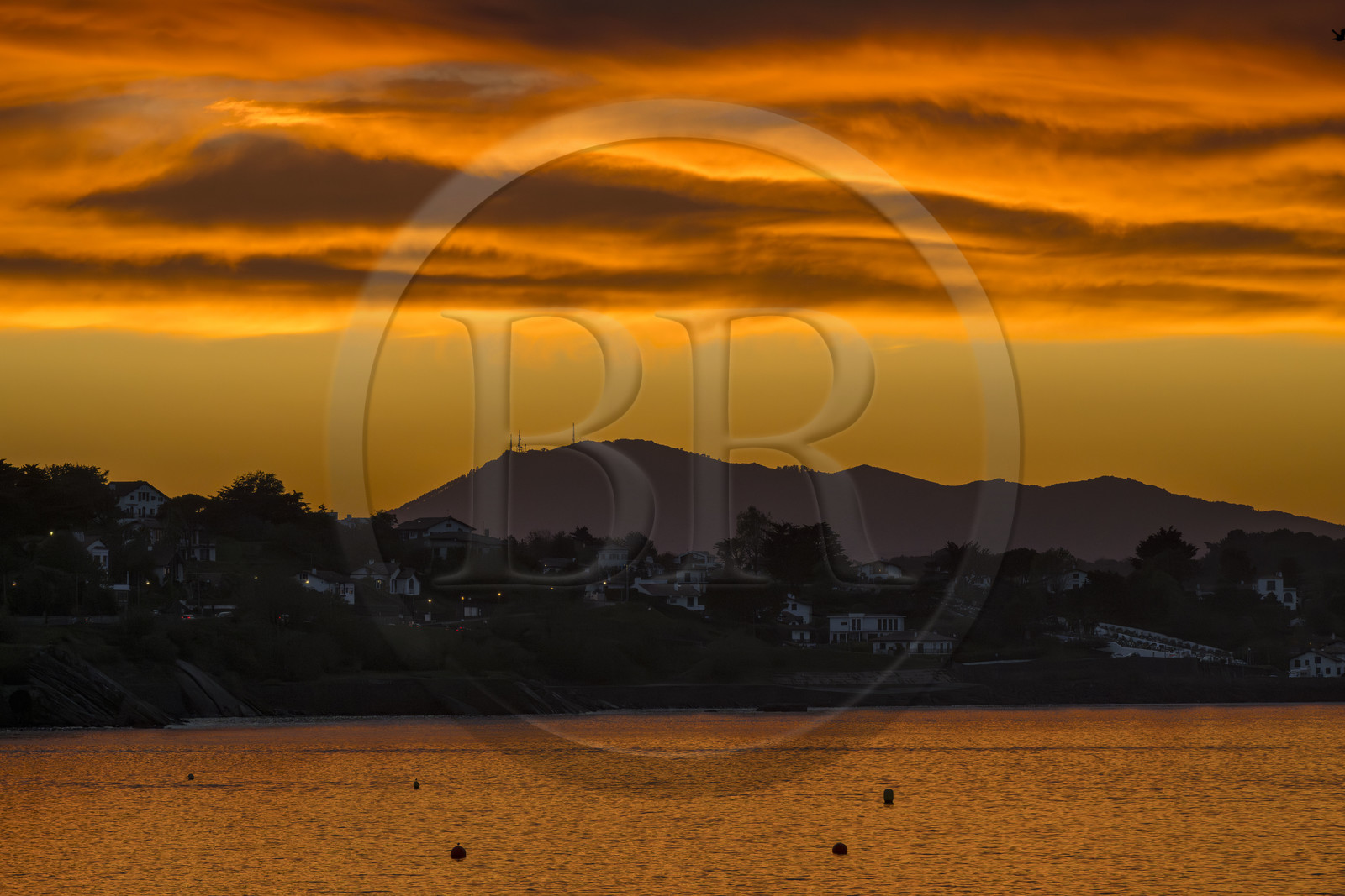France, Pyrenees Atlantiques, Basque Country, Saint Jean de Luz, the coast of Ciboure in the bay and the Spanish mount Jaizkibel in the background
