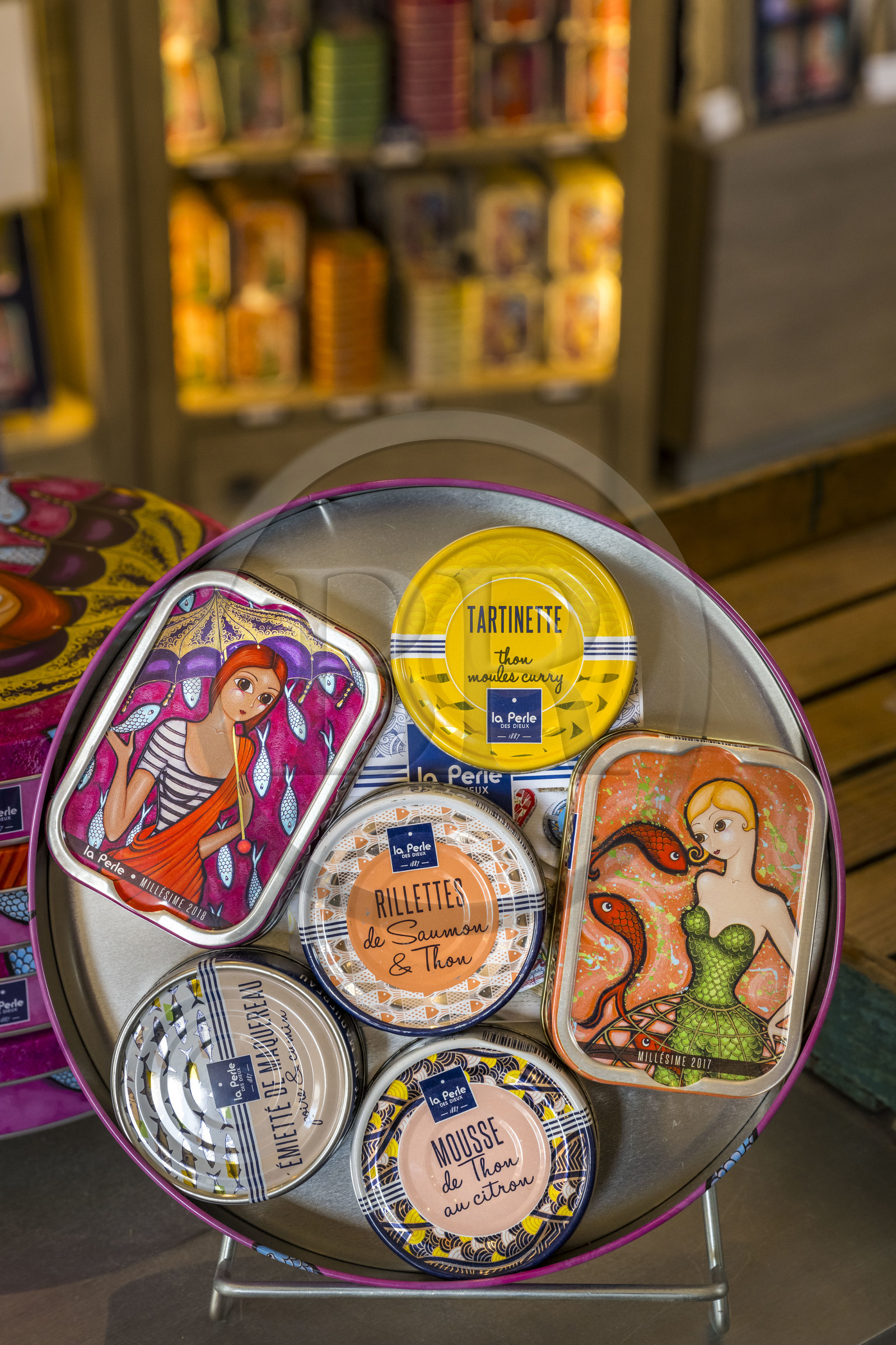 France, Vendée, Saint Gilles Croix de vie, the Pearl of the Gods shop - the Sardine Workshop, cans of sardines