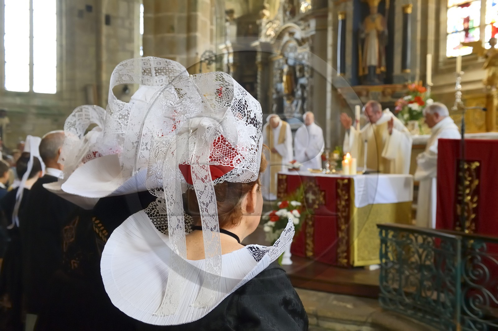 France, Finistere, Locronan, labelled Les plus Beaux Villages de France (The Most Beautiful Villages of France), Saint Ronan church, religious ceremony that precedes the procession of the Tromenie