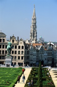Belgium, Brussels, Park of the Mont-des-Arts and the belfry of the City Hall