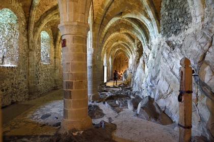 Switzerland, Canton of Vaud, Veytaux, Chillon castle on the shores of Lake Geneva (Lac Leman), the castle undergrounds supported by Gothic vaults and in which the rock is visible were used as a prison and then as a storage place