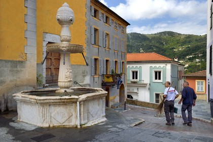 France, Alpes-Maritimes, Contes, the Renaissance fountain in front of the church