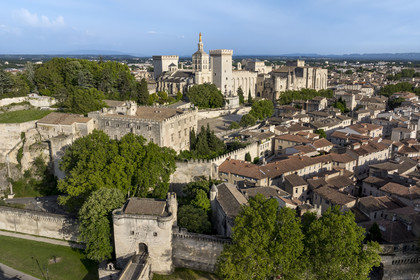 France, Vaucluse (84), Avignon, la cathédrale des Doms et le Palais des Papes classés Patrimoine mondial de l'UNESCO, la tour chatelet du pont Saint-Bénézet et le musée du Petit Palais au premier plan (vue aérienne)