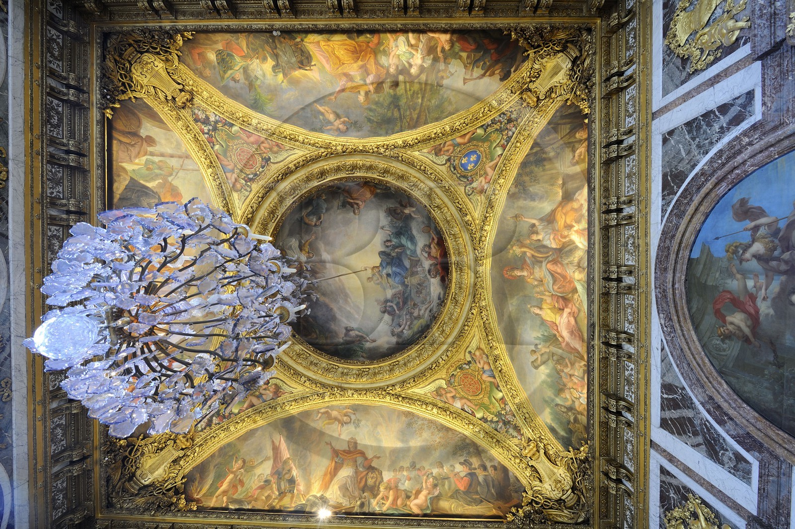 France, Yvelines, Chateau de Versailles, listed as World Heritage by UNESCO, ceiling of the War Drawing room at the end of the Galerie des Glaces (Hall of Mirrors)