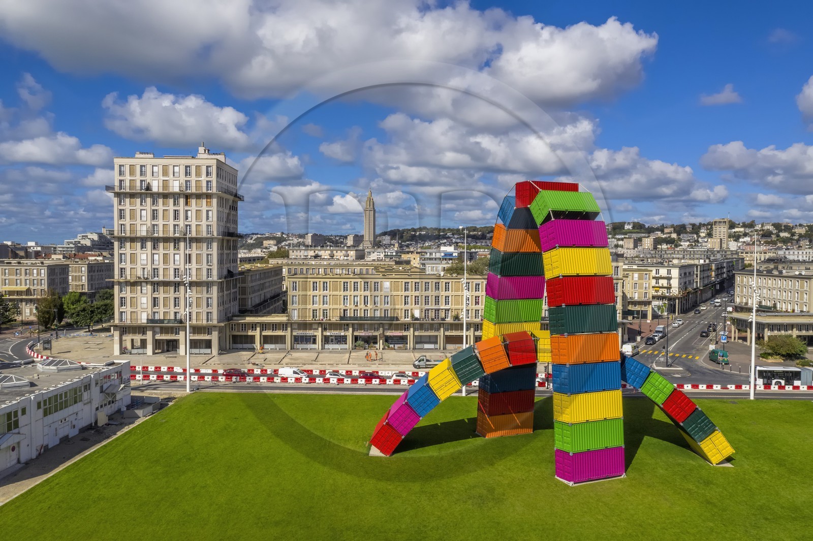 France, Seine Maritime, Le Havre, Downtown rebuilt by Auguste Perret listed as World Heritage by UNESCO,  Southampton wharf, Catène de containers by Vincent Ganivet (© ADAGP)