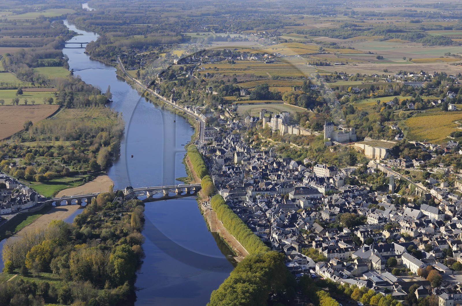 France, Indre et Loire, Loire valley listed as World Heritage by UNESCO, Chinon, its medieval castle and the Vienne river (aerial view)