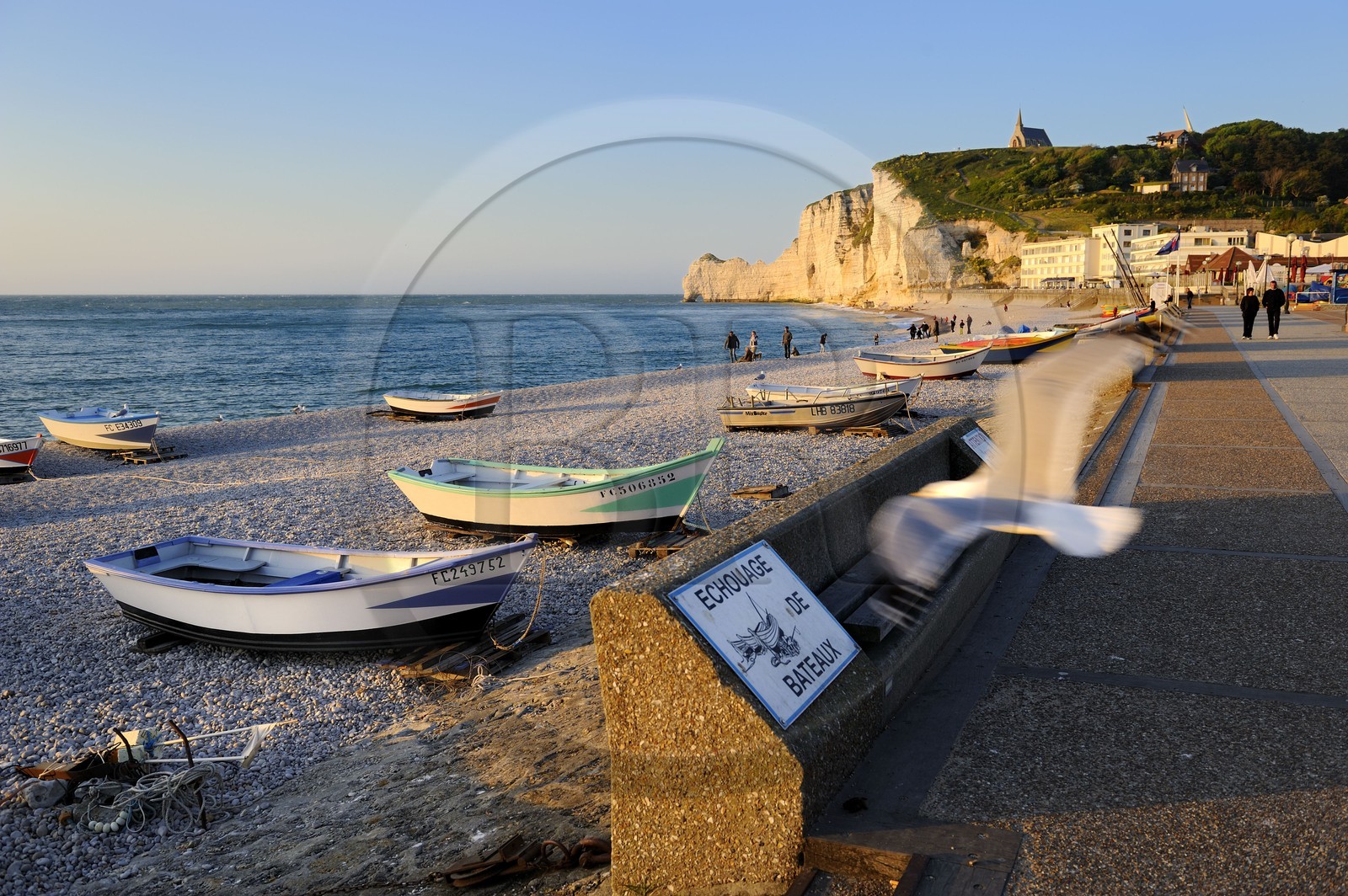 France, Seine-Maritime, Pays de Caux, Cote d'Albatre, Etretat and it's beach, in the background the Amont cliff and Notre-Dame-de-la-Garde church