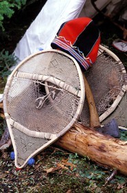 Canada, Quebec Province, snowshoes (Ashamet) and women's hats (Ashetshepetuan akunesshkun) of the ethnic group Innu