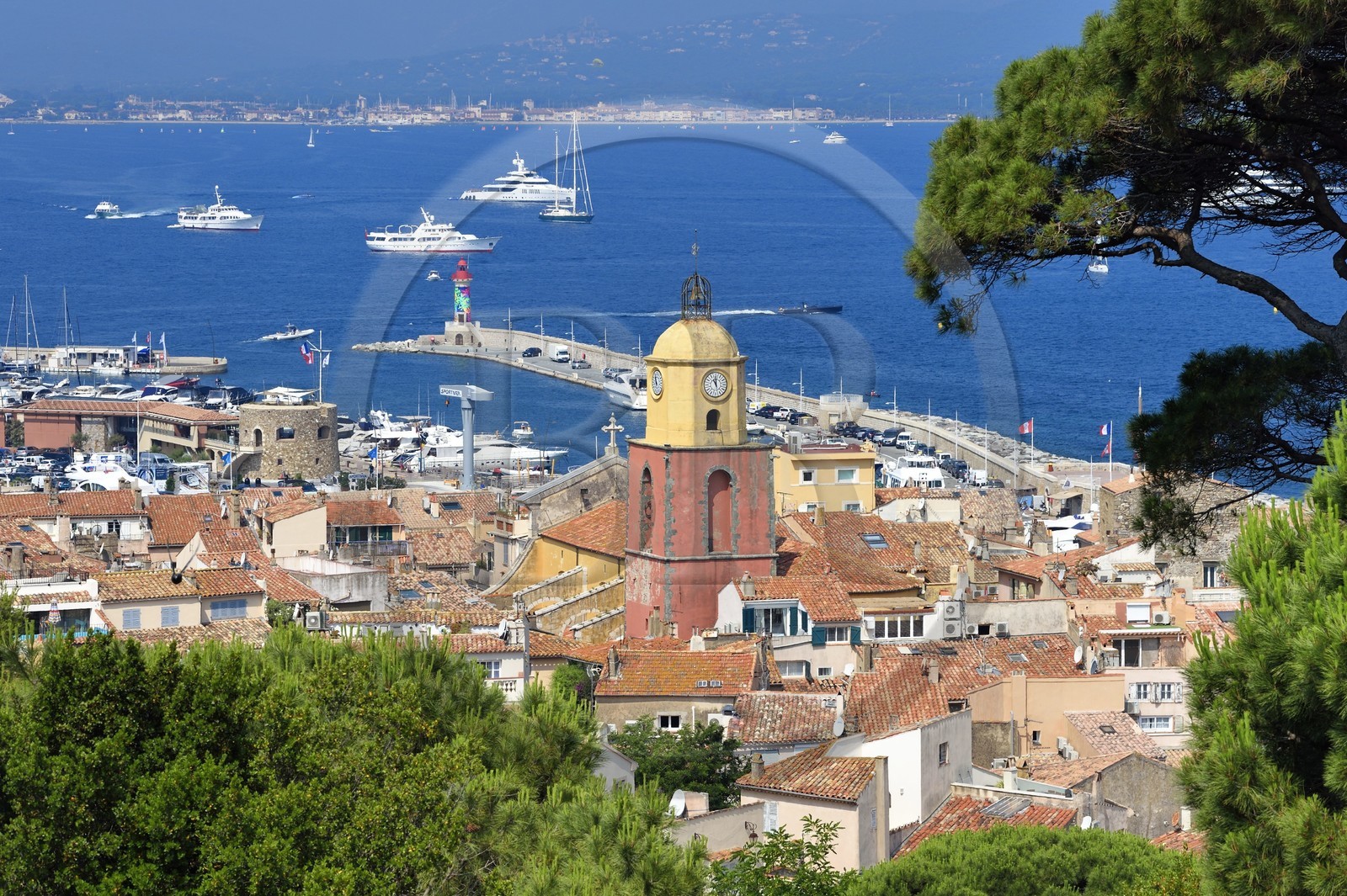 France, Var (83), Saint-Tropez,  église paroissiale Notre-Dame de l'Assomption depuis la citadelle, en arrière-plan Grimaud