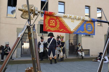 Italie, Ligurie, Sarzana, Napoleon Festival, soldats français de la Grande Armée du 18ème Régiment d'Infanterie de Ligne dont la devise était Valeur et Discipline
