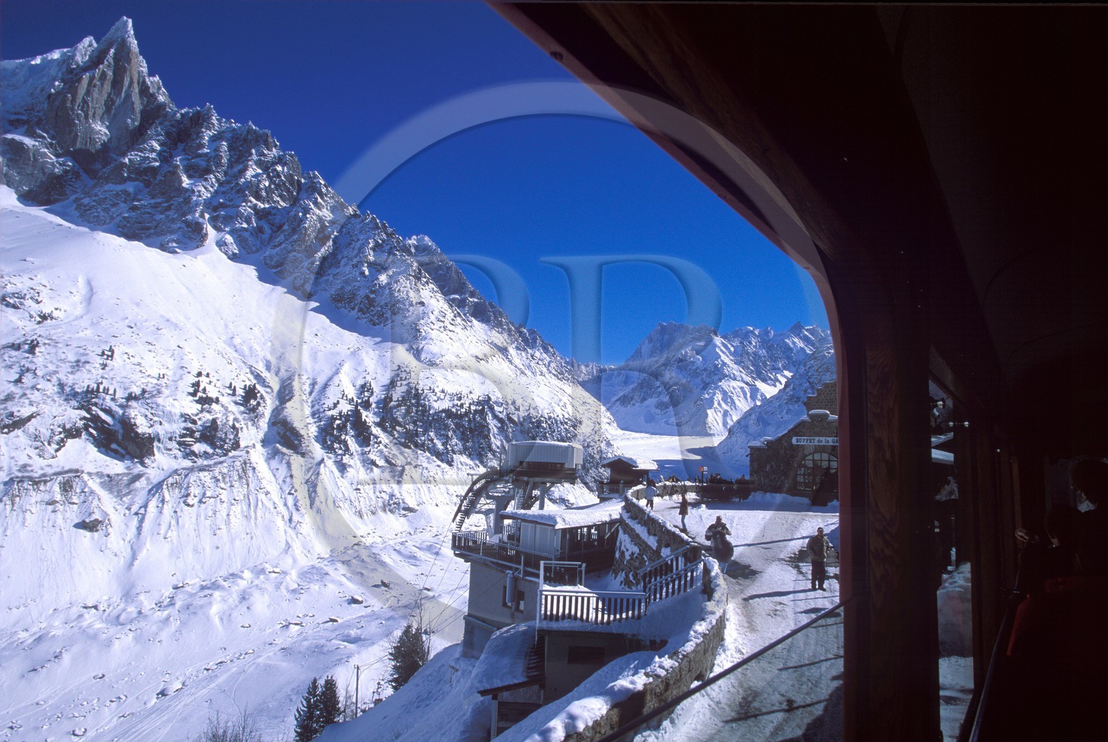 France, Haute Savoie, Chamonix valley, arrival with the rack railway at Mer de glace at the foot of Aiguille verte mountain (Mont Blanc), Montenvers station