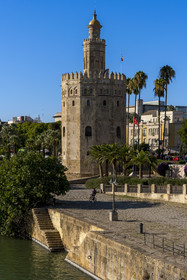 Espagne, Andalousie, Séville, en bordure du fleuve Guadalquivir, la Tour de l'Or (Torre del Oro), ancienne tour d'observation militaire construite au début du XIIIe siècle reconvertie en musée maritime