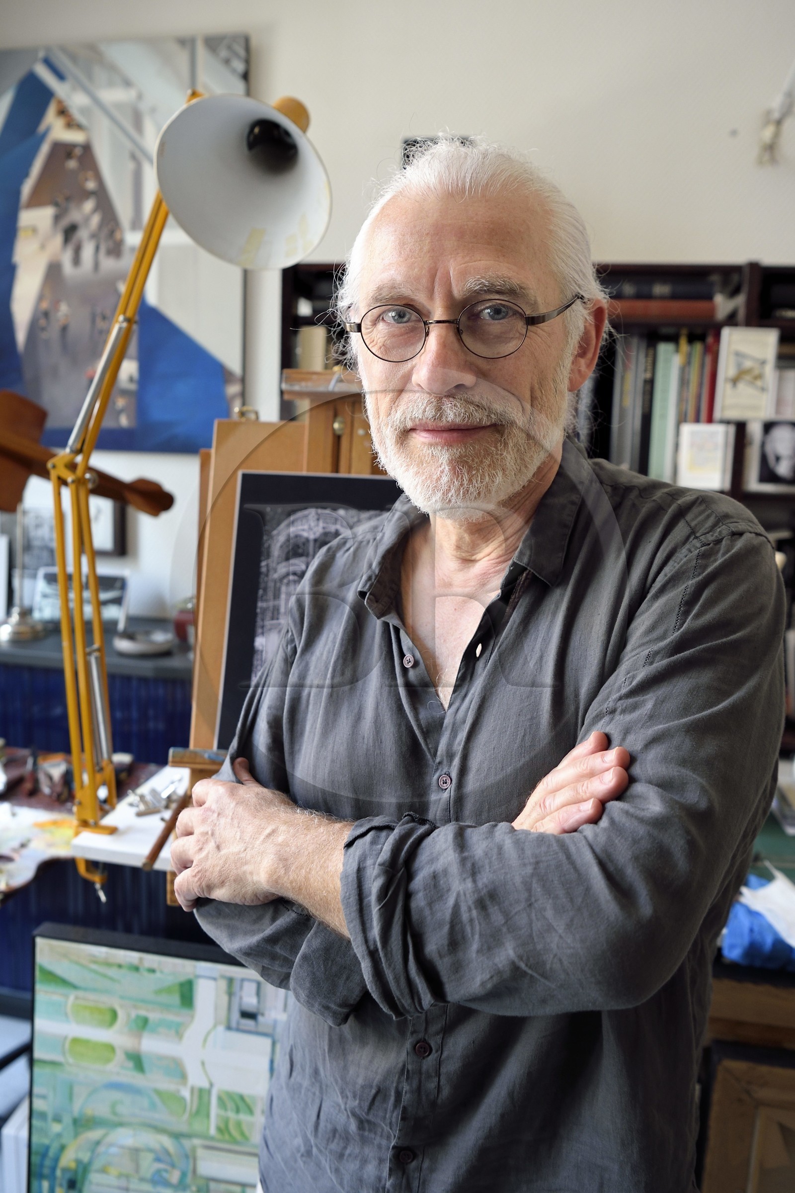 France, Meurthe et Moselle (54), Nancy, le peintre et illustrateur Jame’s Prunier dans son atelier