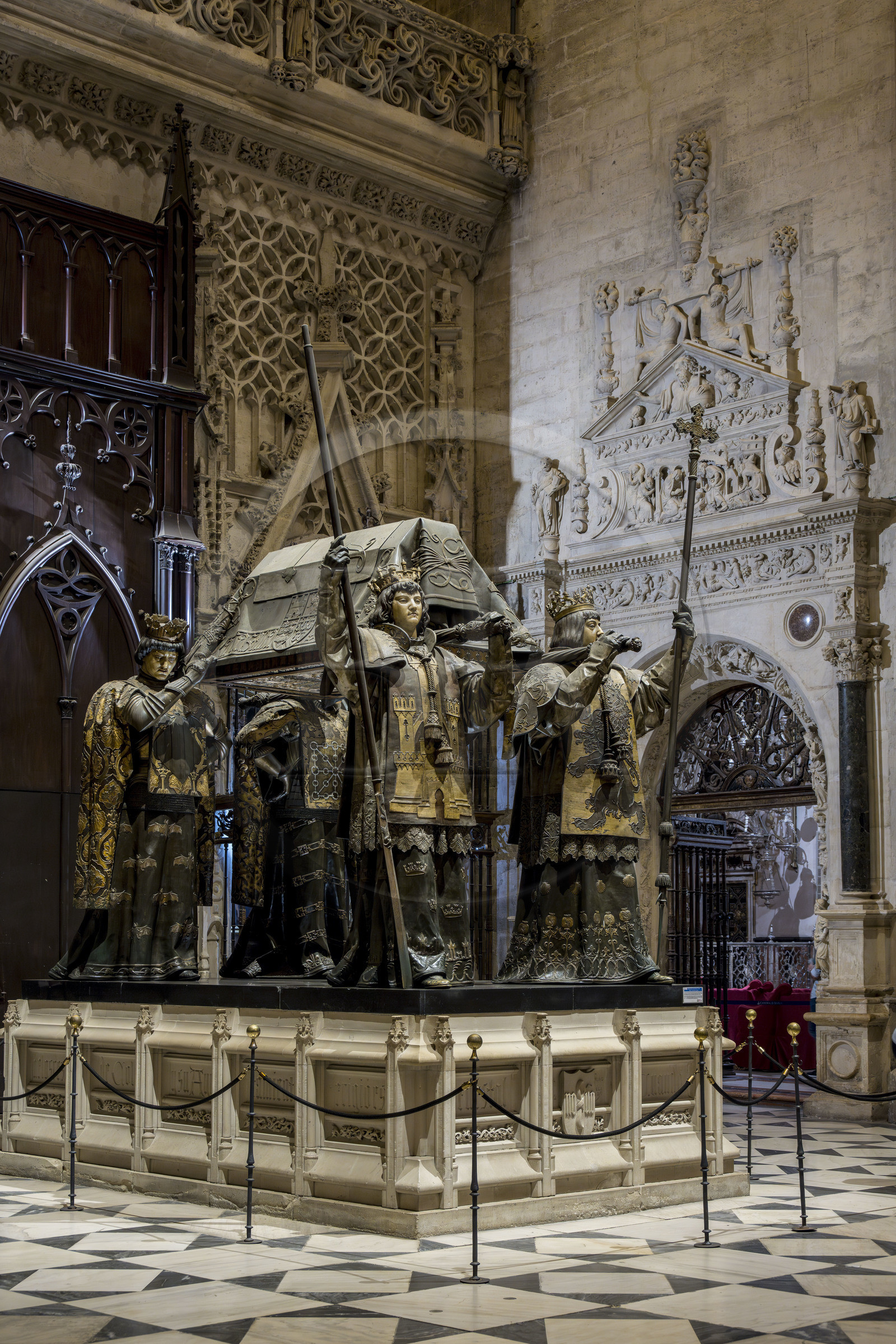 Espagne, Andalousie, Séville, la cathédrale, classé Patrimoine Mondial de l'UNESCO, mausolé de Christophe Colomb (mausoleo de Colon)