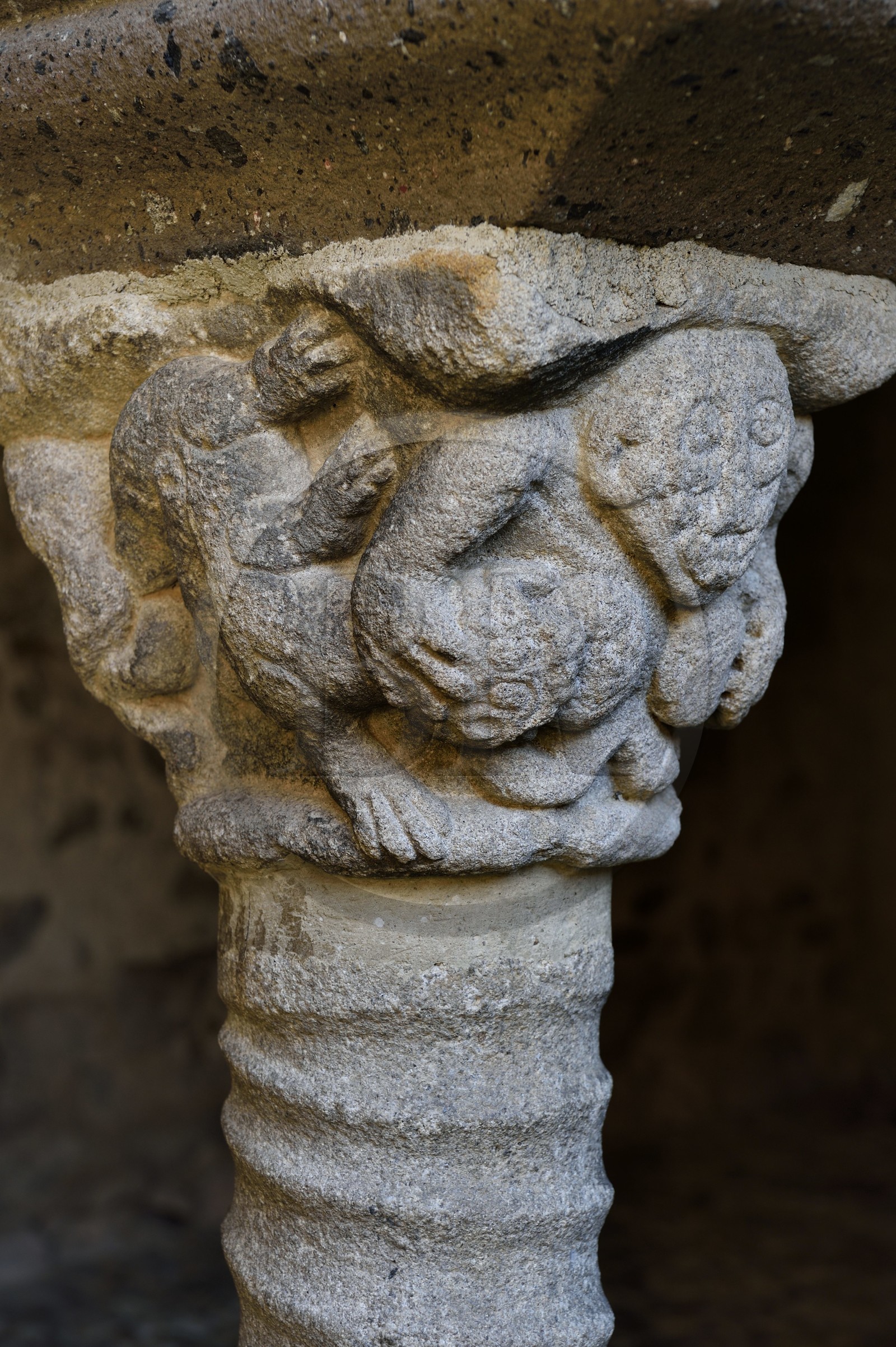 France, Haute-Loire (43), Lavaudieu, labellisé Les Plus Beaux Villages de France, Abbaye Saint-André de style roman auvergnat, sculpture d'un chapiteau du cloitre, une évocation de la luxure avec une femme tétée par des salamandres