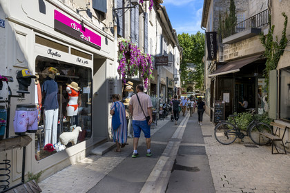 France, Bouches-du-Rhône (13), Parc Naturel Régional des Alpilles, Saint-Rémy-de-Provence, vitrine de boutique dans la rue de la Commune qui mène à l'Hotel de Ville