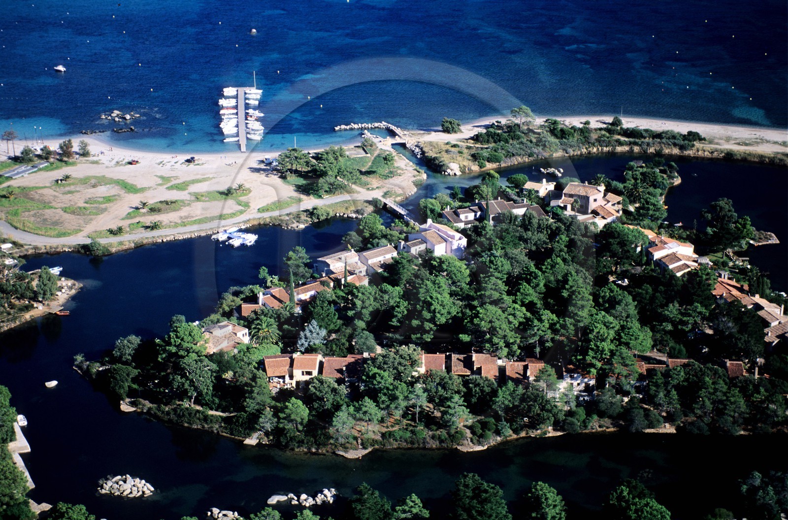 France, Corse du Sud, housing estate on an articifial island in San Ciprianu in the North of Porto Vecchio (aerial view)