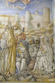 France, Marne (51), Reims, la chapelle Notre-Dame de la Paix ou chapelle Foujita, le peintre Léonard Foujita s'est représenté avec ses lunettes (au centre) et René Lalou (devant lui) qui dirigeait la maison de champagne Mumm