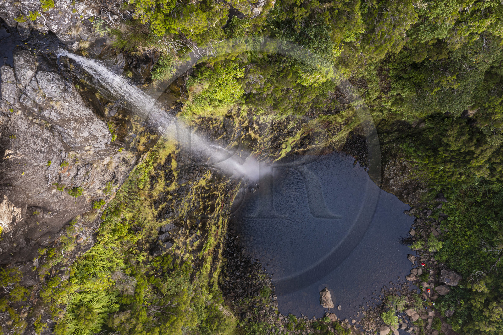 Portugal, Ile de Madère, randonnée dans La forêt de Rabaçal par la levada do Alecrim, cascade de Lagoa do Vento de 80 mètres de haut (vue aérienne)