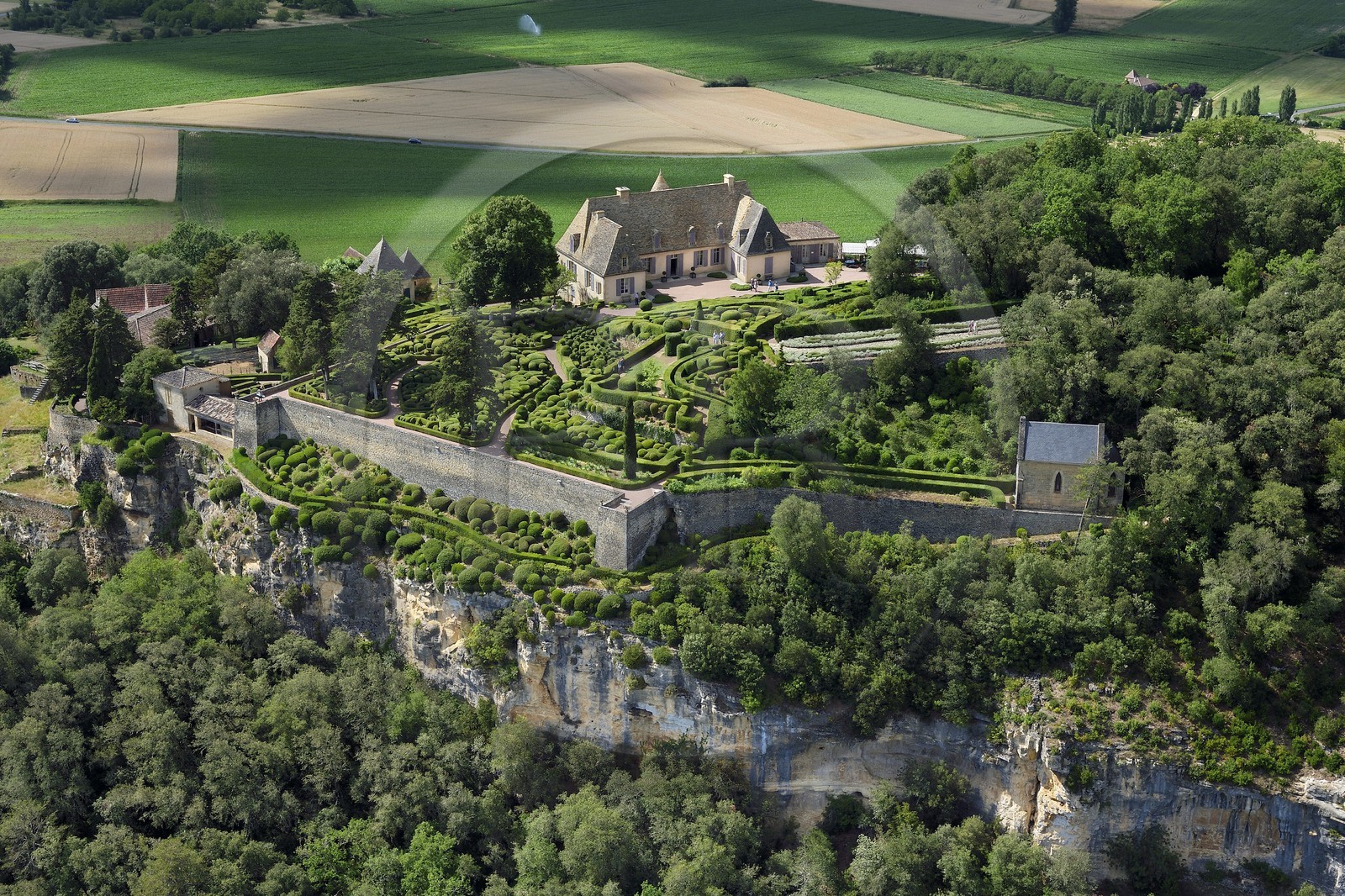 France, Dordogne, Perigord Noir, Dordogne Valley, Vezac, Les Jardins du château de Marqueyssac of the 18th century, park and castle (aerial view)