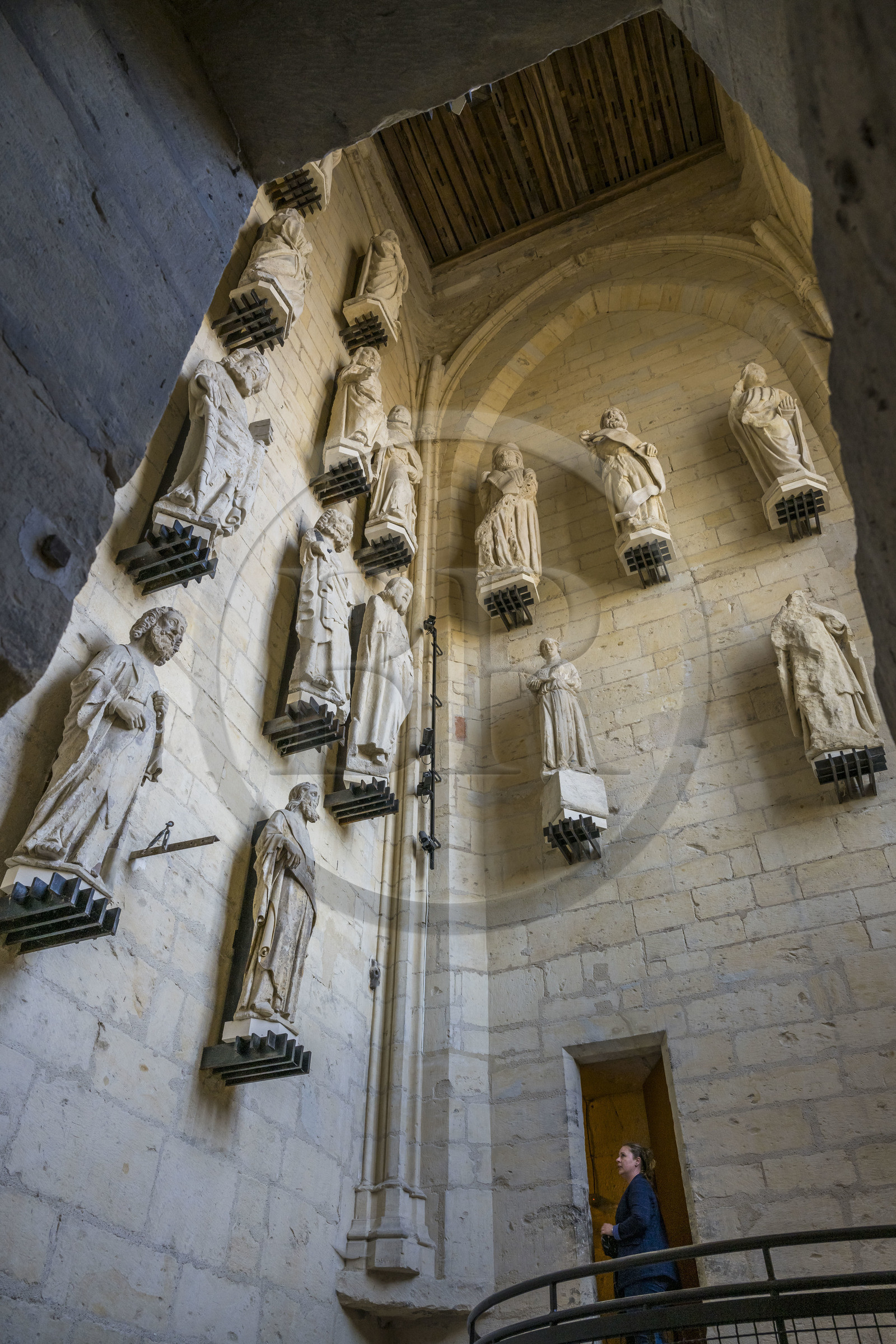 France, Nièvre, Nevers, Saint Cyr et Sainte Julitte cathedral, inside of the tour Bohier, storage of the original statues after their replacement by copies on the exterior facades to preserve them
