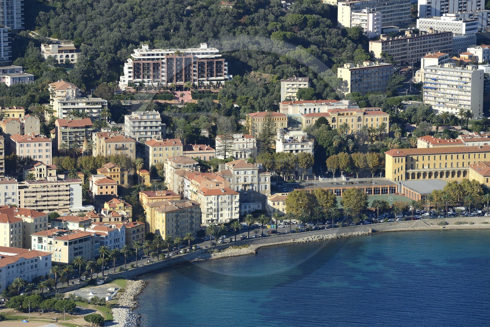 France, Corse du Sud, Ajaccio, district known as foreigners, right at the second level the former Grand Hotel Continental is now the seat of the Territorial Community of Corsica (aerial view)