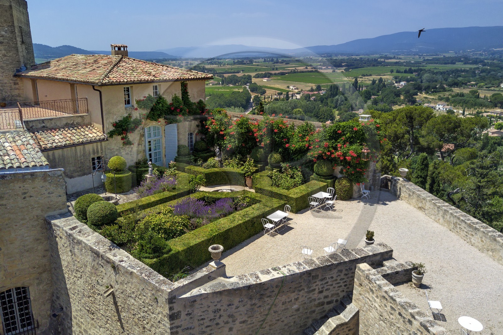France, Vaucluse, Parc Naturel Regional du Luberon (Natural Regional Park of Luberon), Ansouis, labelled Les Plus Beaux Villages de France (The Most Beautiful Villages of France), Ansouis castle (aerial view)